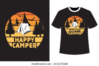 Happy camper, camping t-shirt design, Mountain illustration, outdoor adventure. Vector graphic for t-shirt and other uses. Inspiring Motivation Quote. Typography