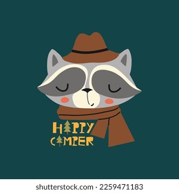 Happy camper. Cute cartoon raccoon. T-shirt design for kids. Hand drawn vector illustration