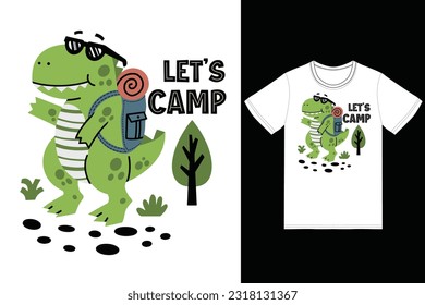 Happy camper dino illustration with tshirt design premium vector the Concept of Isolated Technology. Flat Cartoon Style Suitable for Landing Web Pages,T shirt, Flyers, Stickers