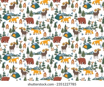 Feliz Camper en el bosque. con animales y equipos Fin de semana, vacaciones en la naturaleza. Patrón sin inconvenientes Ilustración vectorial Diseño para moda, tela, papel pintado, envoltura y todas las impresiones 