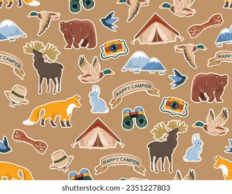 Feliz Camper en el bosque. con animales y equipos Fin de semana, vacaciones en la naturaleza. Patrón sin inconvenientes Ilustración vectorial Diseño para moda, tela, papel pintado, envoltura y todas las impresiones 