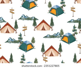 Feliz Camper en el bosque. con animales y equipos Fin de semana, vacaciones en la naturaleza. Patrón sin inconvenientes Ilustración vectorial Diseño para moda, tela, papel pintado, envoltura y todas las impresiones 