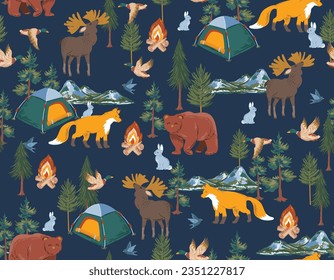 Happy Camper  in forest. with animal and Equipment Weekend, vacation on nature. Seamless pattern Vector illustration Design for fashion , fabric, textile, wallpaper , wrapping and all prints 