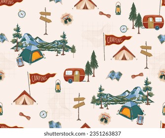 Happy Camper  in forest. with animal and Equipment Weekend, vacation on nature. Seamless pattern Vector illustration Design for fashion , fabric, textile, wallpaper , wrapping and all prints 