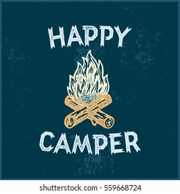 Happy Camper Hand Lettering Apparel Print. Outdoor Logo Emblem. Campfire Vector Illustration.