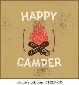 Happy Camper Hand Lettering Apparel Print. Outdoor Logo Emblem. Campfire Vector Illustration