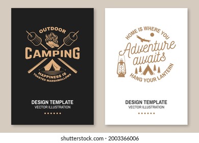 Happy camper. Happiness is toasted marshmallows. Vector Flyer, brochure, banner, poster design with camping tent, campfire, marshmallow on a stick silhouette. Concept for shirt or print, stamp or tee