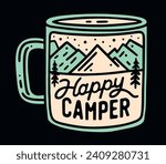 Happy camper lettering. Cute retro vintage enamel coffee cup illustration. Mountains landscape and stars inside camping mug minimalist drawing. Camper quotes vector for stickers and printable gifts.