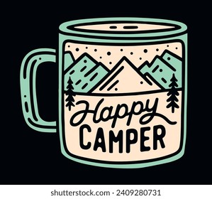 Felices letras de camper. Ilustración de la taza de café con esmalte retro curtido. El paisaje de las montañas y las estrellas dentro del dibujo minimalista de la taza de camping. Cinta portadora para pegatinas y regalos imprimibles.