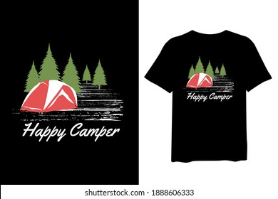 Happy Camper, Mountain, and forest outdoor adventure, and vintage t-shirt design and typography lettering, print, vector, illustration design.