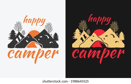 Happy Camper with mountain trees and sun camping logo label emblem with color variant for t-shirt design and many others, vector illustration