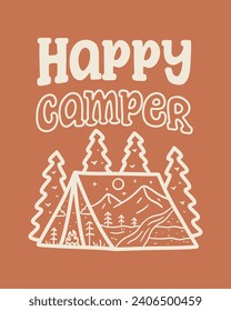 Happy camper with nature mountain in the inside tent shape illustration for badge, sticker,  t shirt design, and outdoor use