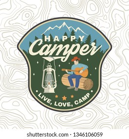 Happy camper patch. Vector illustration. Concept for shirt or logo, print, stamp, apparel or tee. Vintage typography design with camp lantern, man with guitar and mountain silhouette. Live, love, camp