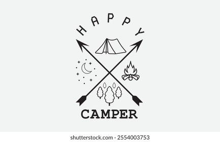 Happy Camper, Ready To Print Camping Vector T Shirt Design Template, Wall Art, Mug, Sticker, Banner, Tee, Hoodie, Printable, Illustration