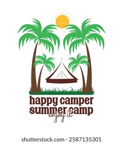 Happy camper, summer camping tent in forest illustrations, with palm tree, grass, camping tent vector
