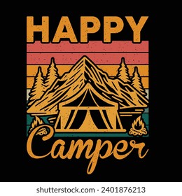 
Happy Camper - This graphic artwork for prints, t-shirt, mug, poster, and many other tasks. Mountain with tree retro vintage print design.

