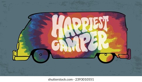 happy camper vector artwork, hippie van life graphic print design, summer road trip vector illustration for t shirt, sticker, poster, tie dye effect vector