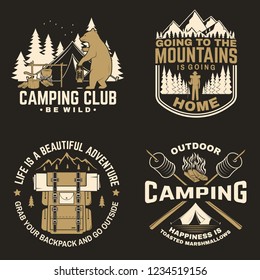 Happy camper. Vector. Concept for shirt or logo, print, stamp or tee. Vintage design with lantern, camping tent, campfire, forest cabin, sweet marshmallows on stick, mountain and forest silhouette.