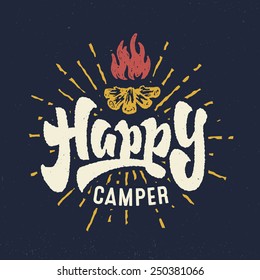 'Happy Camper' vintage Hand lettered badge phrase. Handmade Typographic lettering Art for Poster Print Greeting Card T shirt apparel design, hand crafted vector illustration