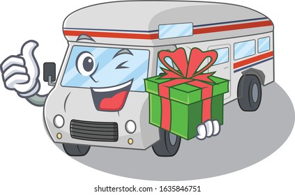 Happy campervan character having a gift box
