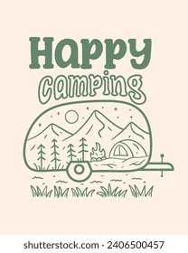 Happy camping with the caravan with nature mountain in the inside illustration for badge, sticker,  t shirt design, and outdoor use