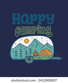 Happy camping with the caravan with nature mountain in the inside illustration