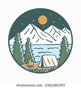 Happy camping near river and view of the nature mountain design for badge, sticker, t shirt vector illustration