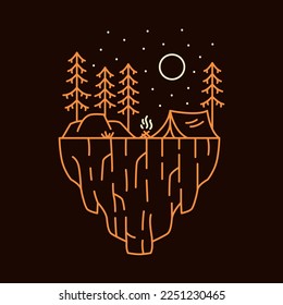 Happy Camping on Top of Cliff with Campfire Monoline Design for Apparel