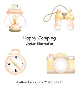 Happy camping set element, Cute camera, Binoculars, Lantern in camping, Compass, Camping accessories