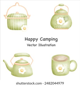 Happy camping set element, Cute  kitchen equipment, Green mug coffee