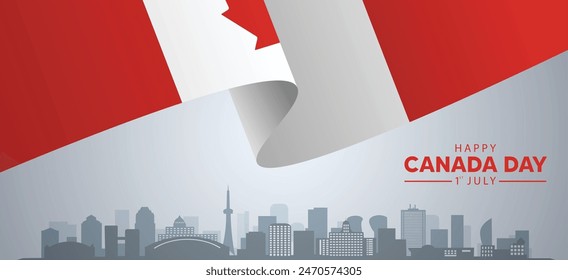 Happy Canada Day 1 July waving flag ribbon on cityscape vector poster