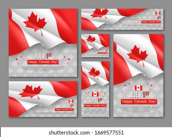 Happy Canada Day 1st of July banners set. Celebrate official country founding day. Congratulation template with realistic canadian flag and maple leaf. National patriotic holiday vector illustration.