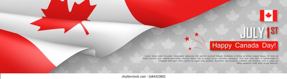 Happy Canada Day 1st of July postcard template. Congratulation design with realistic waving canadian flag. National unity day vector illustration. Patriotic and political holiday horizontal poster.