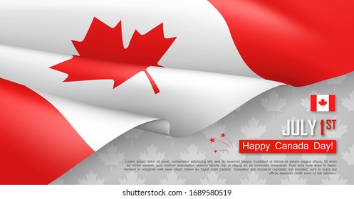 Happy Canada Day 1st of July postcard template. Congratulation design with realistic waving canadian flag. National unity day vector illustration. Patriotic and political holiday horizontal poster.