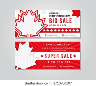 Happy Canada Day 1st of July banners set. Celebrate official country founding day. Congratulation template with realistic Canadian flag and maple leaf. National patriotic holiday vector illustration.