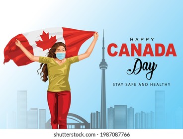 happy Canada day 1st July, girl running with Canada flag. vector illustration. greeting card covid19, coronavirus concept.