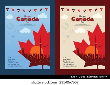 Happy Canada day. 1st of July. city in maple leaf, Flyer, A4 Printable, Flat Vector, Illustration Banner Background Design. set of 2 editable easy to use.