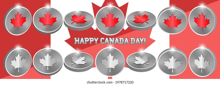 Happy Canada day. 3d set of silver or platinum coin tokens with a red maple leaf. Bright white radiant highlights. Icons, emblems