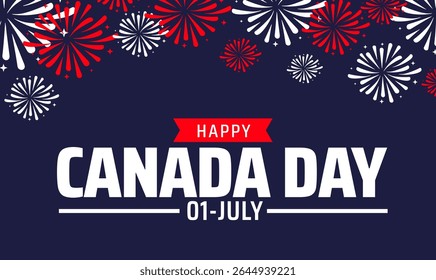 Happy Canada Day background, banner or poster design with Fireworks Display Festive Red and White Explosions on Dark Blue Background for July 1st National Celebrations.