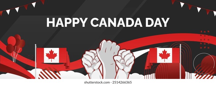 Happy Canada Day background in Canadian flag colors with abstract shapes, typography and raised fist. Perfect for posters, banners and greeting cards. Happy national holidays of Canada