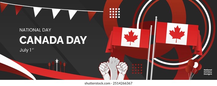 Happy Canada Day background in Canadian flag colors with abstract shapes, typography and raised fist. Perfect for posters, banners and greeting cards. Happy national holidays of Canada