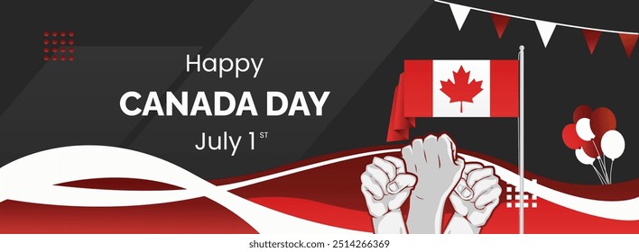 Fundo feliz do Dia do Canadá em cores da bandeira canadense com formas abstratas, tipografia e punho levantado. Perfeito para cartazes, banners e cartões de felicitações. Feliz feriado nacional do Canadá