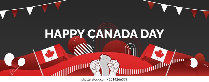 Happy Canada Day background in Canadian flag colors with abstract shapes, typography and raised fist. Perfect for posters, banners and greeting cards. Happy national holidays of Canada