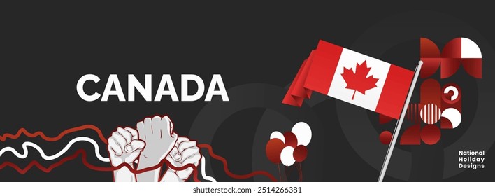 Happy Canada Day background in Canadian flag colors with abstract shapes, typography and raised fist. Perfect for posters, banners and greeting cards. Happy national holidays of Canada