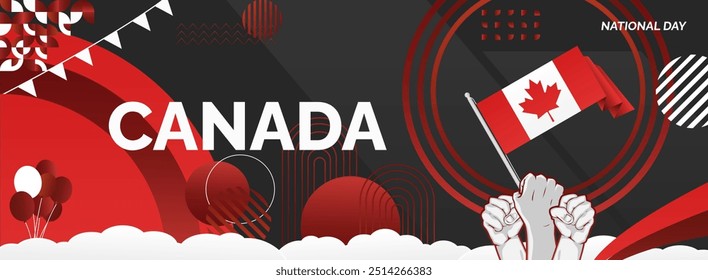 Happy Canada Day background in Canadian flag colors with abstract shapes, typography and raised fist. Perfect for posters, banners and greeting cards. Happy national holidays of Canada