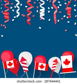 Happy Canada Day background with Canadian flags, confetti and streamers, balloons, vector illustration