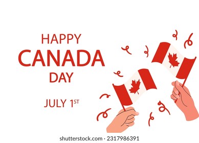 Happy Canada day background with greeting typography. Hands holding Canadian flags with red maple leaf. Vector illustration isolated on white backdrop