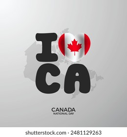 Fondo del día de Canadá feliz con una hoja de arce rojo. Me encanta Canadá. Corazón 3d, Día Nacional, Anuncio del Día de la Memoria. Ilustración vectorial.