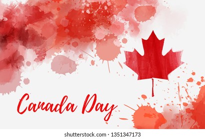 Happy Canada day background with watercolor splashes in flag colors and maple leaf. Grunge Canadian flag. Template for invitation, poster, flyer, banner, etc.