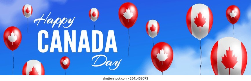 happy canada day banner design with canadian  flag balloons on sky background vector illustration